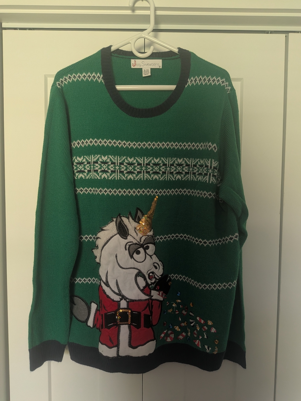 Unicorn Santa Christmas Sweater Men XL Ugly Green White Knit Pullover LS Sequin